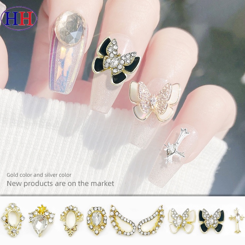 Hàng Có Sẵn Nhãn Dán Móng Tay Hai Lớp Bằng Hợp Kim Cao Cấp Phong Cách Nhật Bản Ins Hình Cánh Bướm Chữ Thập Đính Đá Pha Lê Nhẹ Nhàng Sang Trọng