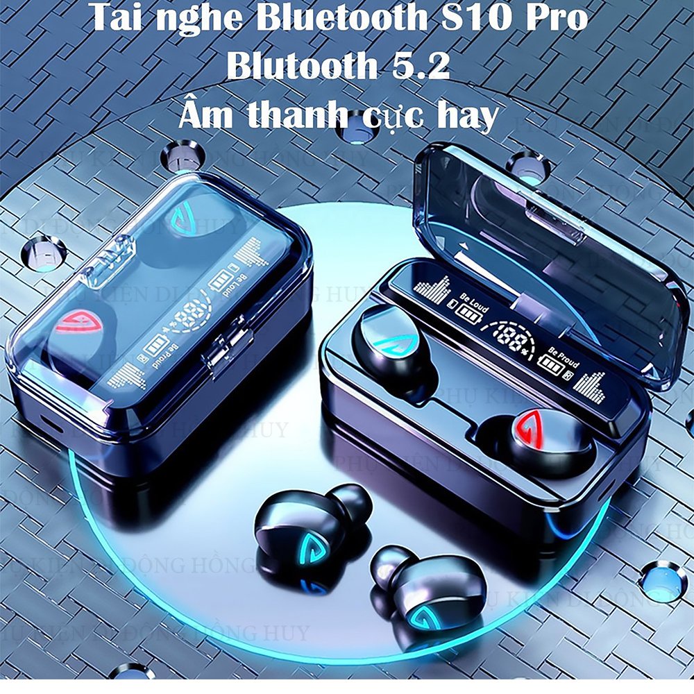 Tai nghe bluetooth S10 Pro V5.2 cao cấp, cảm ứng vân tay,  Chống nước tiêu chuẩn IPX7 , nghe nhạc 10h, kiêm sạc dự phòng