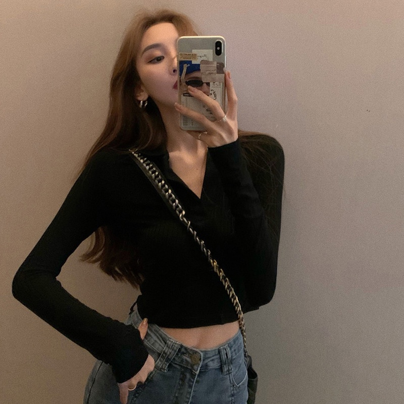 Áo Thun Lửng Tay Dài Cổ Polo Màu Sắc Đơn Giản Cho Nữ