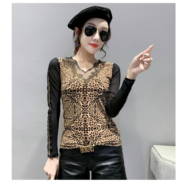 Cổ chữ V tay dài in chữ kim cương thu đông mới áo lưới dài tay Áo thun dài tay nữ