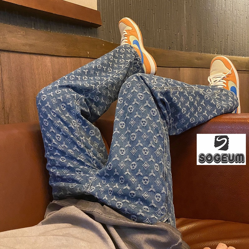 Quần ống rộng nam nữ họa tiết thêu LV, quần jean ống suông unisex hottrend - Sogeum