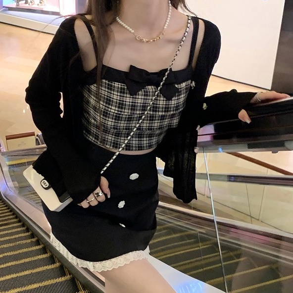 Áo hai dây ZHELIHANGFEI vải dệt kim ngắn thắt nơ họa tiết ca rô