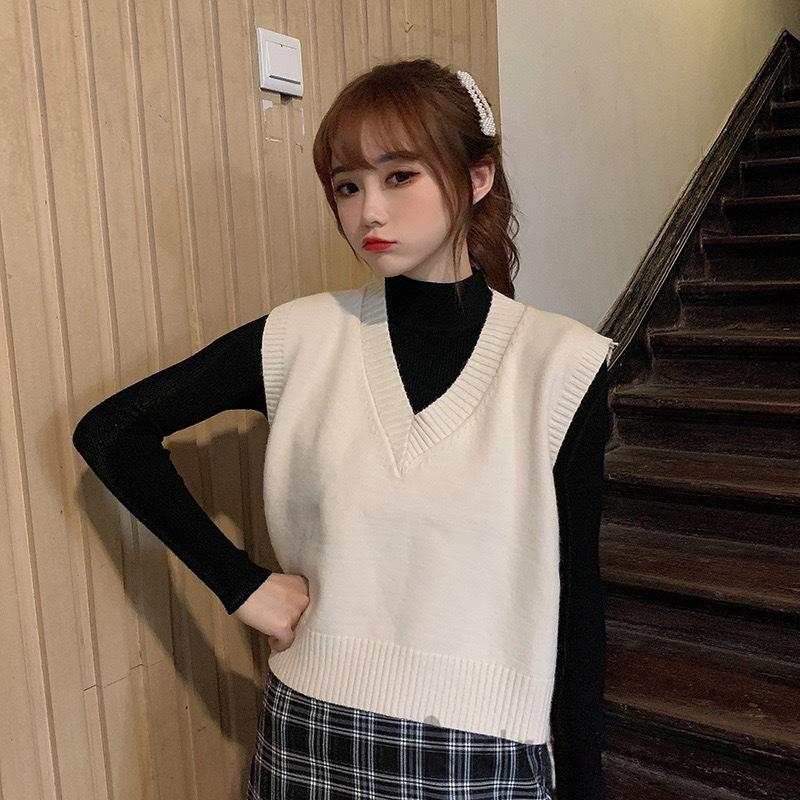 Áo dệt kim không tay cổ chữ V màu trơn thời trang đơn giản cho nữ | BigBuy360 - bigbuy360.vn
