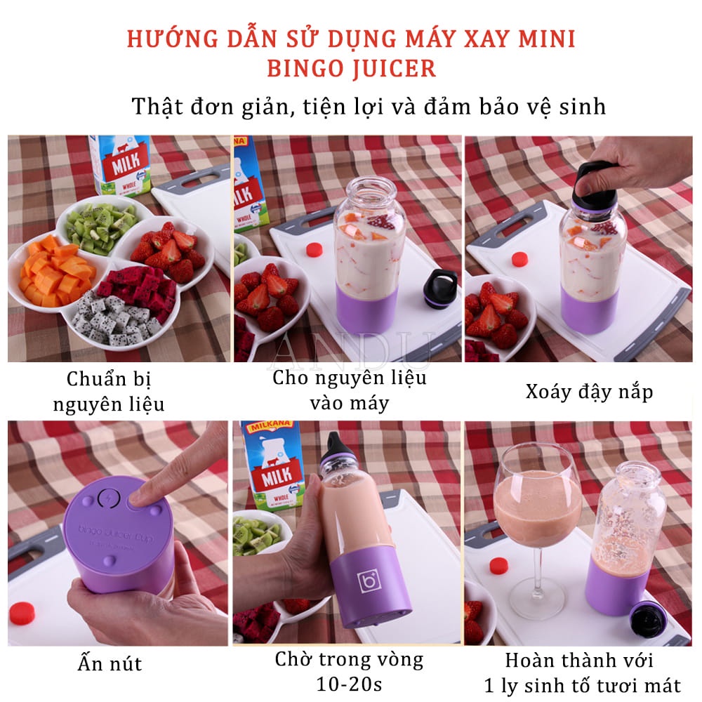 Máy Say Sinh Tố Cầm Tay Bingo, Máy Xay Mini Sạc Pin Cổng USB Có 4 Lưỡi Dao