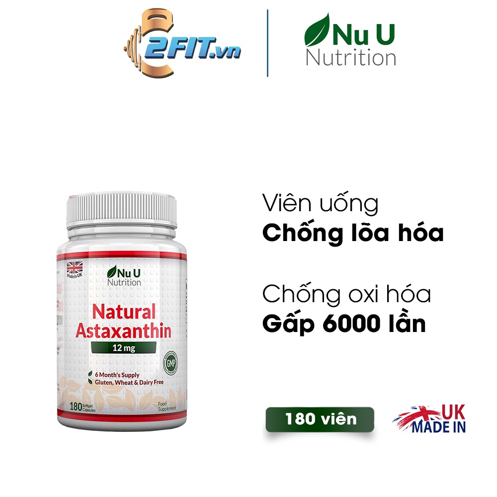 Viên uống Nu U Nutrition Natural Astaxanthin 12mg 180 viên chống oxi hóa, giảm mụn, làm đẹp da, tăng cường sinh lý