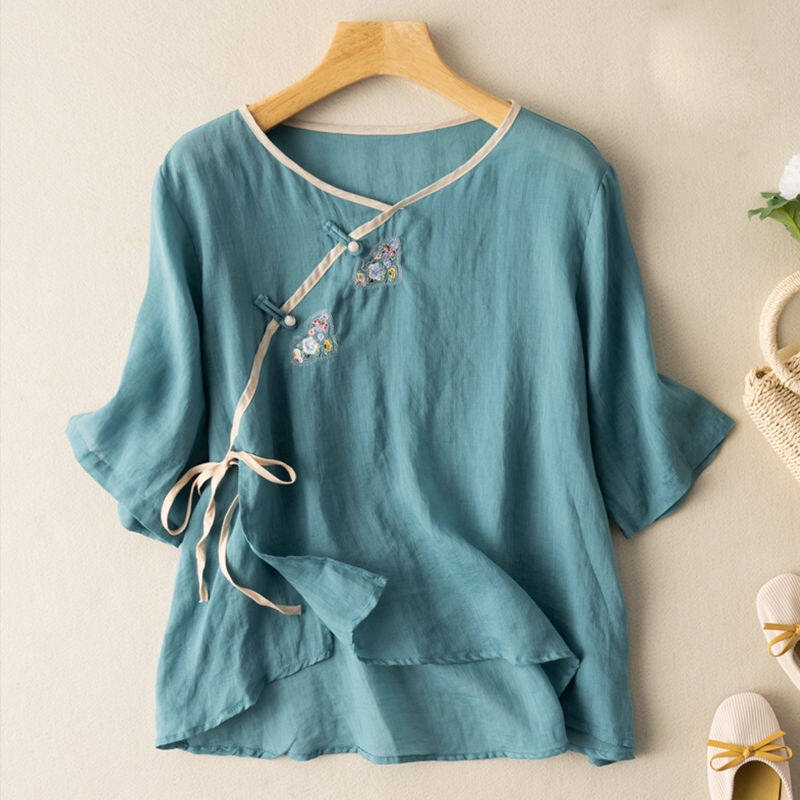 Áo Sơ Mi Cotton Lanh Tay Ngắn Dáng Rộng Cài Nút Thêu Hoạ Tiết Dân Tộc Thời Trang Mùa Hè Hàng Mới Dành Cho Bạn Nữ