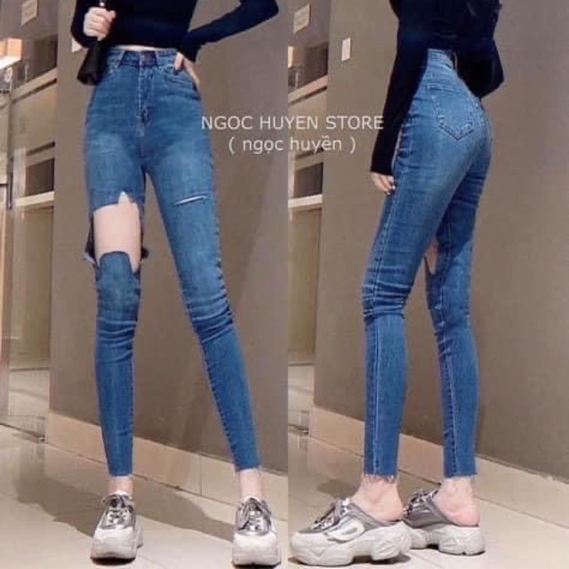 Quần jeans cạp cao xanh rách gối