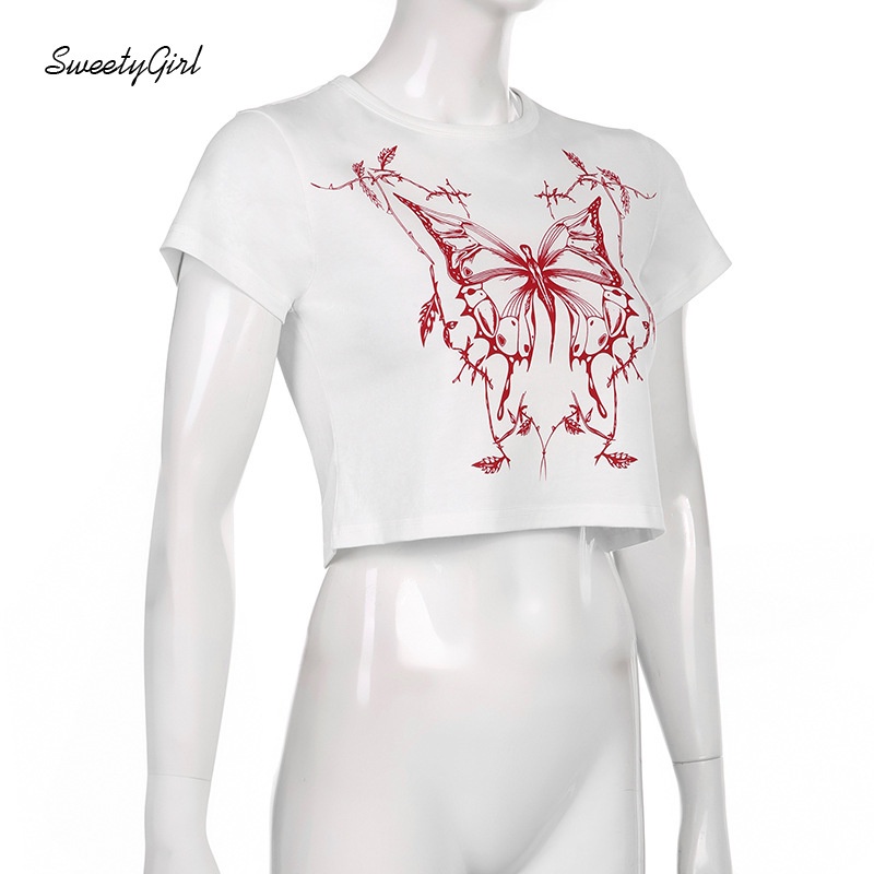 Áo Thun Hở Rốn In Hình Bướm Màu Sắc Tương Phản Phong Cách Mỹ 2022 Dành Cho Bạn Nữ