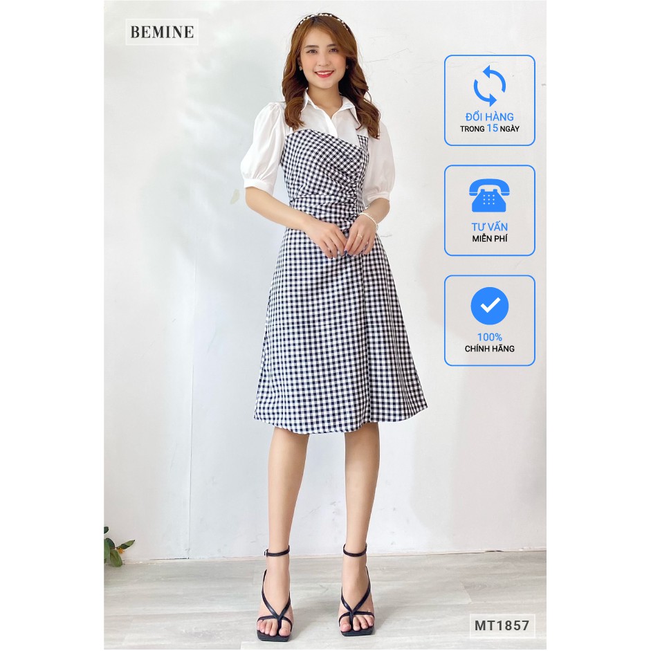 Đầm caro cúp ngực phối cổ sơ mi BEMINE MT1857ĐEN