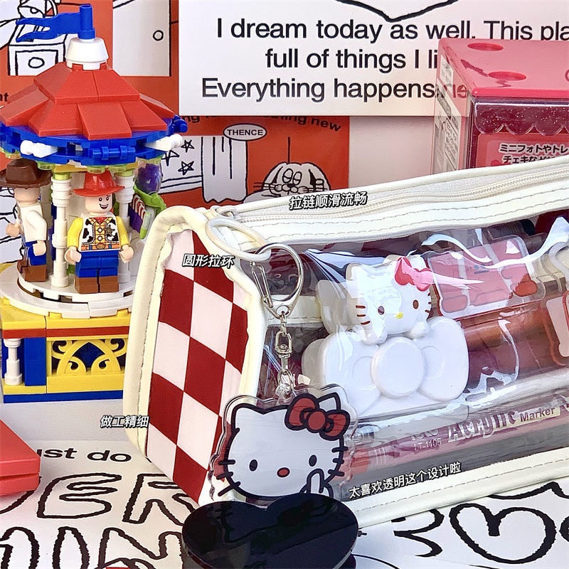 Túi Đựng Bút Ohaya Trong Suốt Hai Lớp Họa Tiết Sọc Caro Đỏ Trắng Sức Chứa Lớn