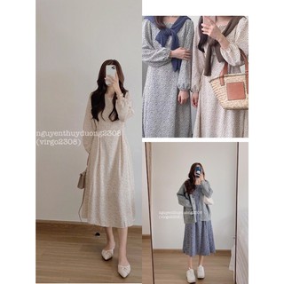 [Ảnh thật/Video]Váy hoa nhí nơ eo phong cách Hàn Quốc/Đầm hoa nhí Vintage