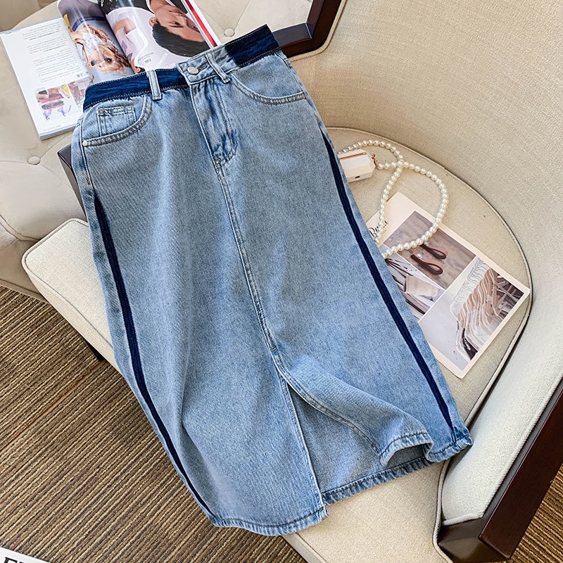 Chân váy jean Dáng Suông Xẻ Tà Màu Sắc Tương Phản Thời Trang Mùa Hè Hàn Quốc 2022
