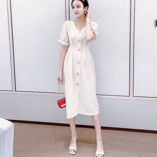 Đầm váy trắng xếp li eo tay nhúng (kèm hình thật)
