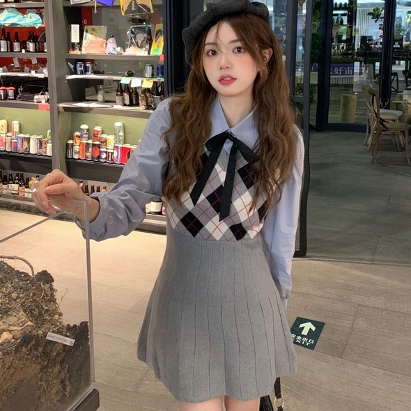 【ZHELIHANGFEI】 / Áo Len Không Tay Dệt Kim Sọc Caro Mùa Xuân