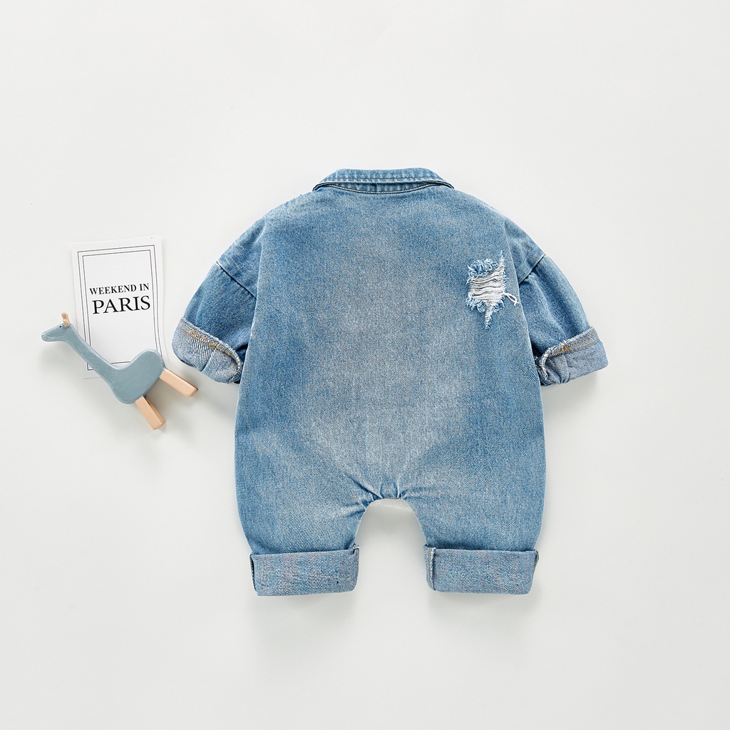 Bộ Áo Liền Quần Denim Rách Cá Tính Hợp Thời Trang Dành Cho Bé