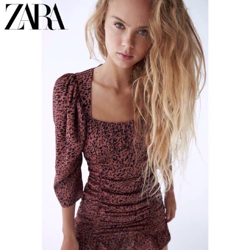 Váy mini dress Zara da báo hồng new nguyên tag