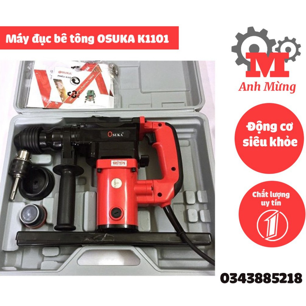 Máy đục bê tông OSUKA K1101 tặng 5 mũi khoan đục và chuyển khoan, bảo hành 12 tháng, máy đục công suất cao