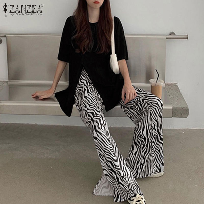 Set đồ 2 mảnh Zanzea gồm áo thun tay ngắn cổ tròn kèm quần dài lưng thun thời trang cá tính cho nữ