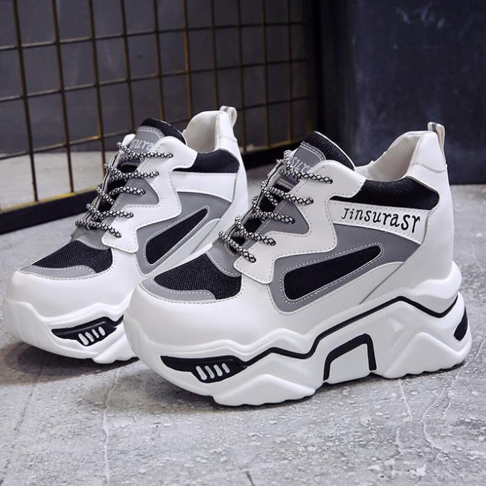 (sẵn  đen 37) Giày Sneaker Ulzzang nữ độn đế bánh mì cao dày 8cm trắng dạ quang tăng chiều cao Hàn Quốc chất lượng -v12