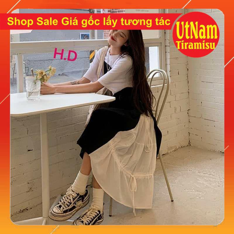 Sét váy 2 dây buộc eo phối váy trắng dáng xòe + áo thun trắng chất tuyết mưa basic nữ | BigBuy360 - bigbuy360.vn