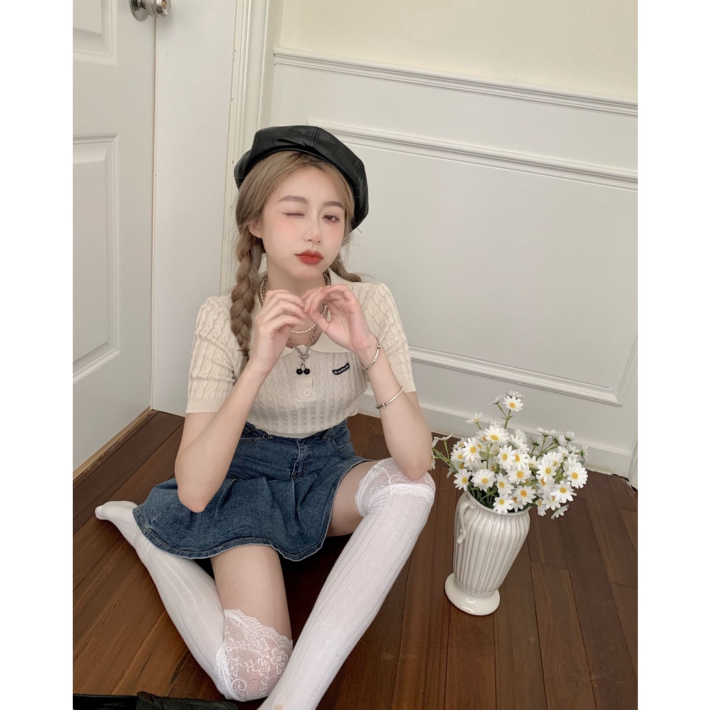 Cocory vn Áo croptop dệt kim ngắn tay dáng ôm thời trang Hàn Quốc quyến rũ cho nữ