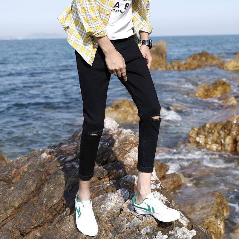 Quần Jean Đen Dài 26 Legging Rách Gối Ôm Chân Thời Trang Cho Nam Size 27 / 28