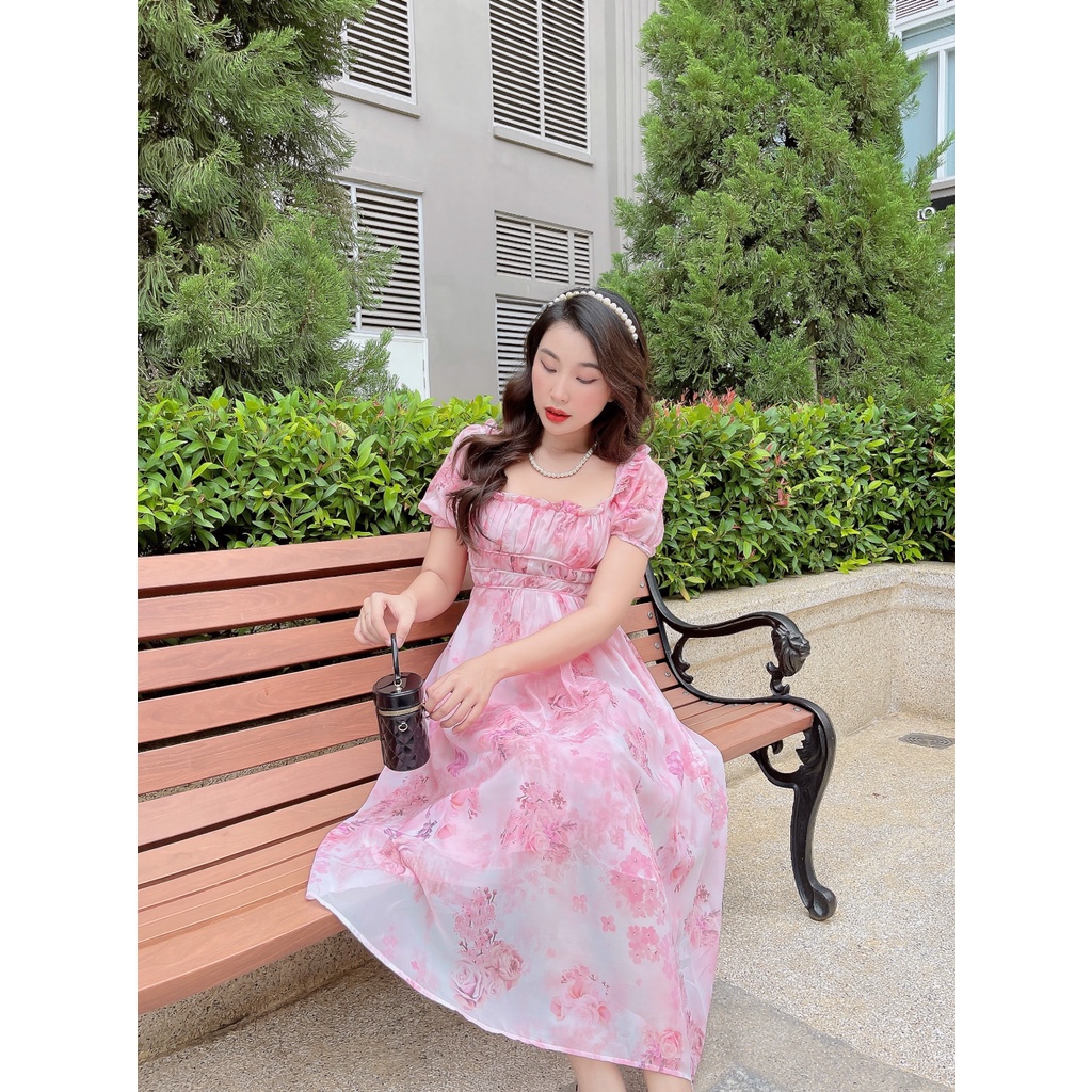 Đầm xòe hoa cổ vuông tạo kiểu bồng xếp ngực Ellis dress DD06