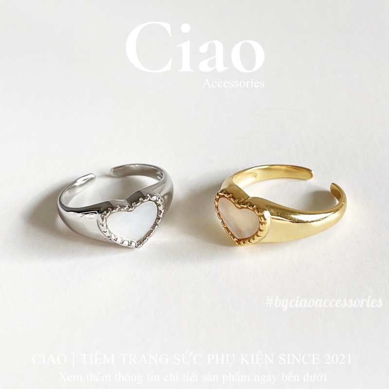 [HOẢ TỐC 1H] Nhẫn mạ bạc S925 thiết kế hoạ tiết hình tim xà cừ mã 31 trendy Ciao accessories