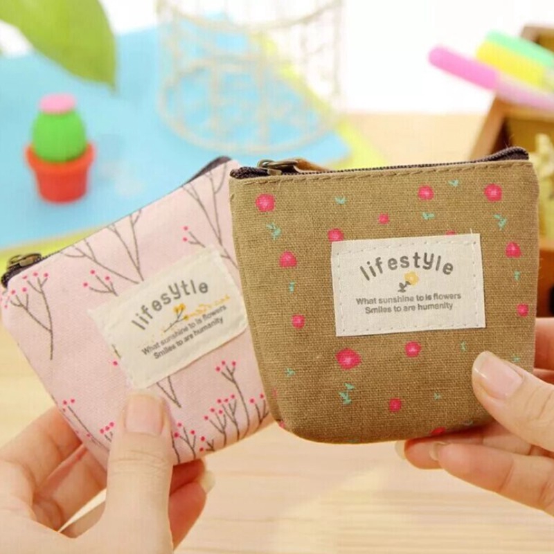 Ví đựng tiền xu mini bằng vải canvas họa tiết hoạt hình hoa lá dễ thương