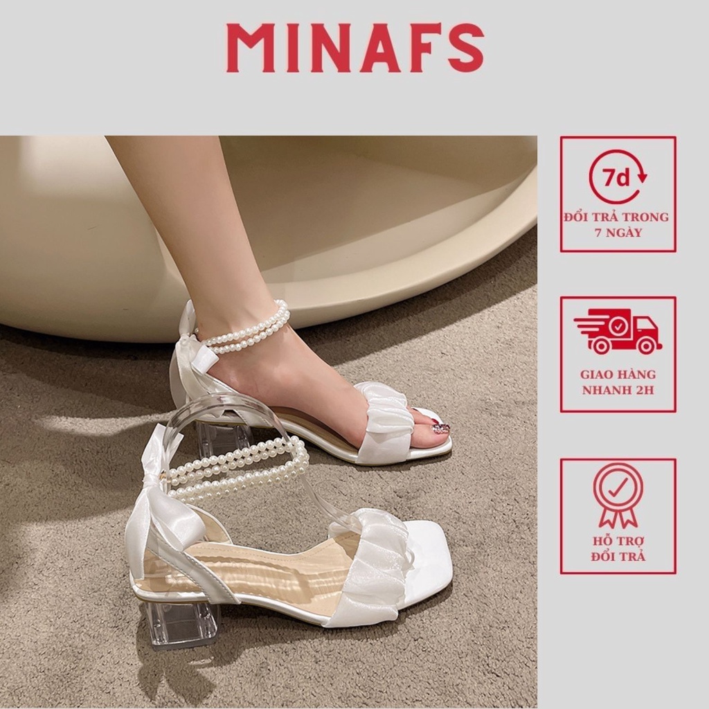 Sandal Học Sinh Cao Gót MINAFS Mặc Áo Dài Đầm Trắng Gót Vuông Trong 5cm Tiểu Thư Đi Tiệc Quai Ngang Ren Voan Nhún-CGTNGT