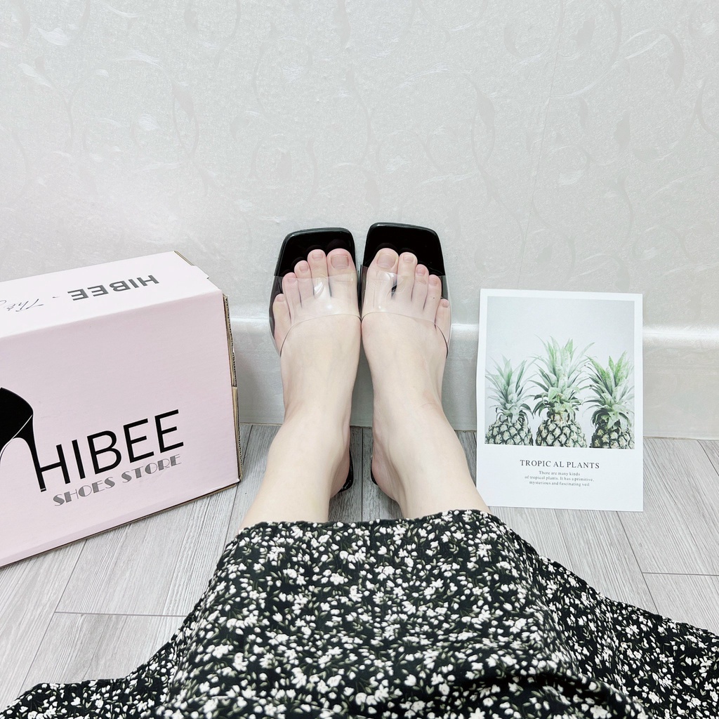 Dép Guốc nữ cao gót quai trong mika da bóng sandal đế tam giác 7cm lên chân siêu xinh HIBEE