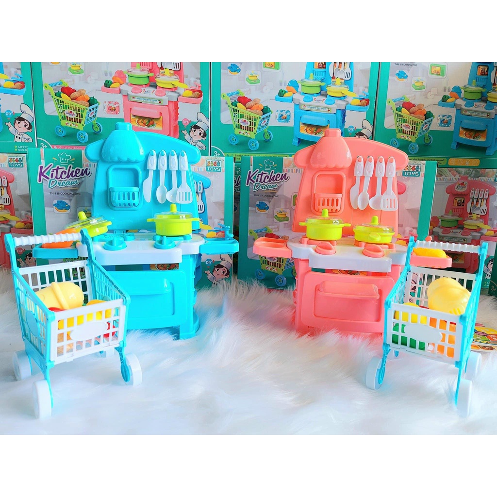 Bộ đồ chơi nấu ăn 2 trong 1 bếp kèm xe đẩy siêu thị cho bé