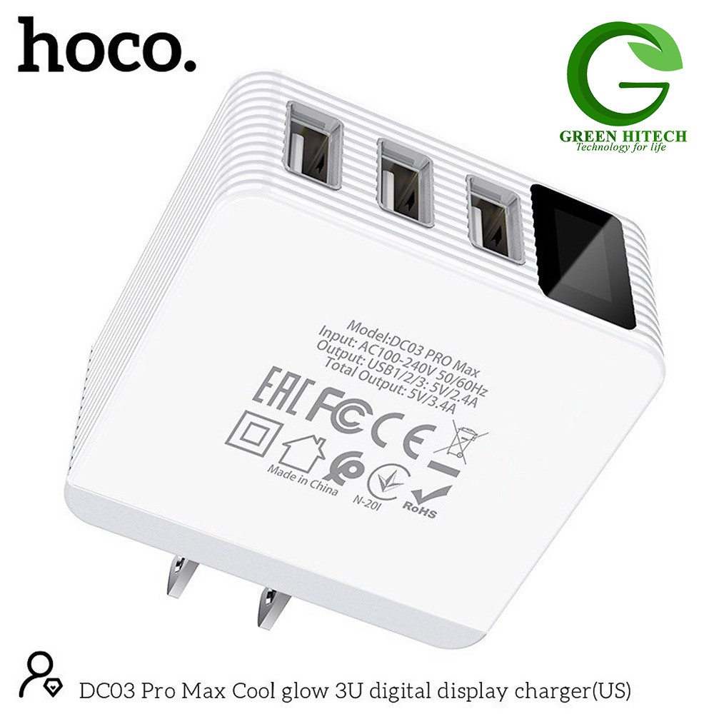 CÓC SẠC NHANH 3 CỔNG USB 3.4A HOCO DC03 PRO MAX - MÀN HÌNH LED