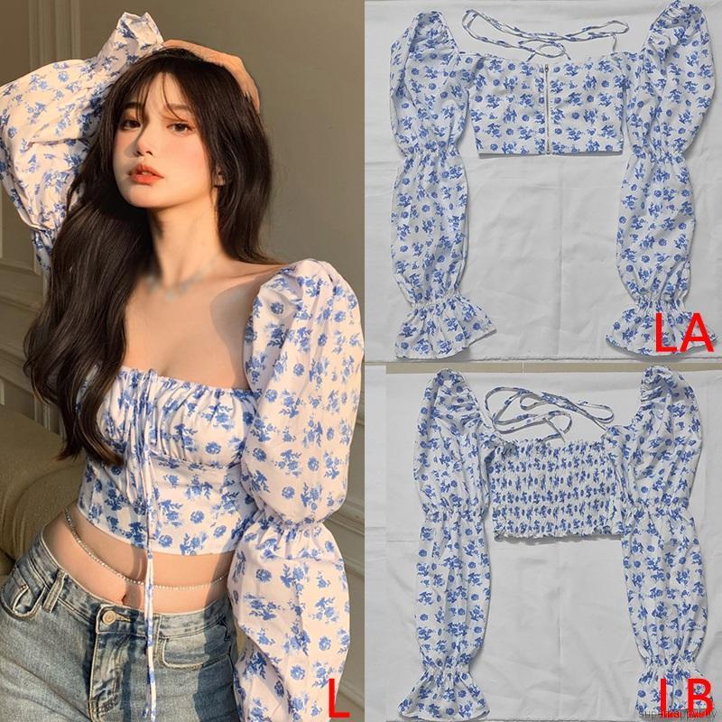 Áo Crop Top Nữ Tay Phồng In Hoa Phong Cách Hàn Quốc