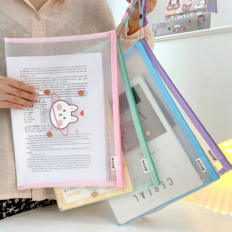Túi Lưới Trong Suốt Đựng Tài Liệu Có Khóa Kéo In Hoạt Hình Dễ Thương