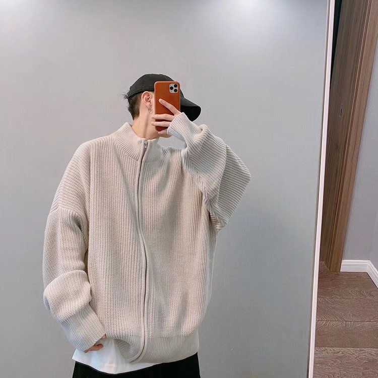 Dây Kéo Dệt Kim Áo Len Cardigan Nam Thu Đông Quốc Gia Hợp Thời Trang Đường Phố Cao Cấp Rời Thả Vai Phiên Bản Lớn Dây Kéo Kn