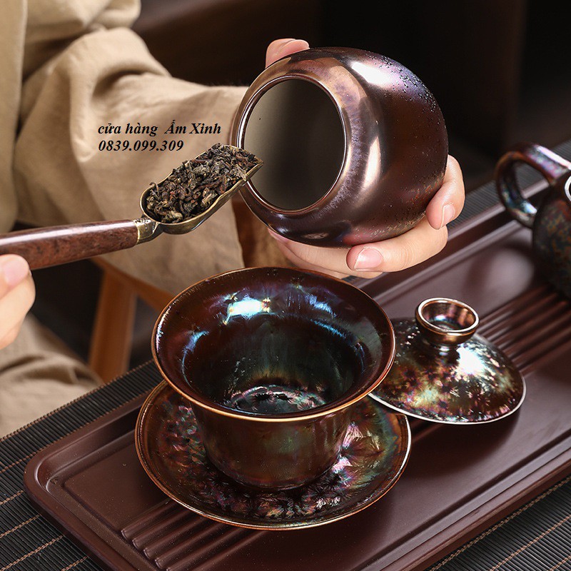Bộ Ấm Chén Trà Đạo Thiên Mục Kiến Trản (Hồng Thái)