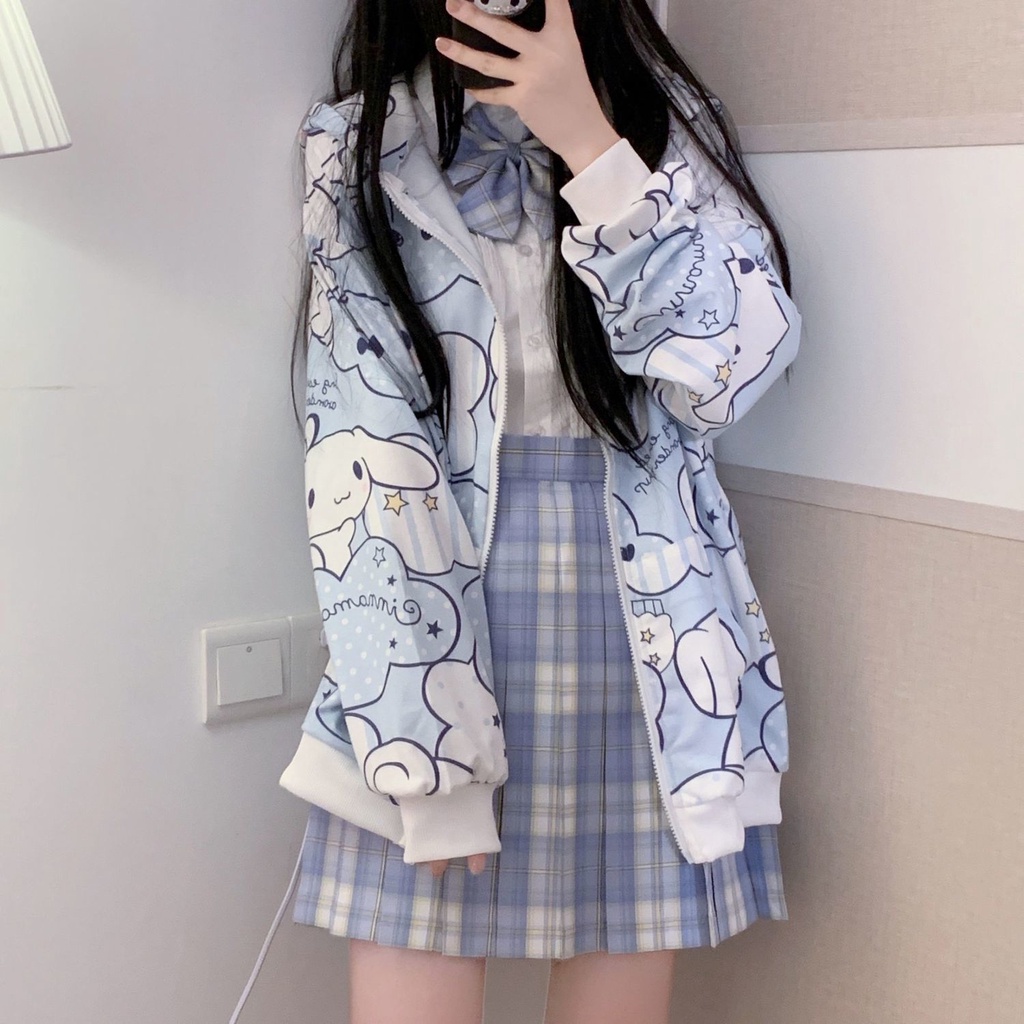 SANRIO Áo Khoác Cardigan Dáng Rộng Có Khóa Kéo In Họa Tiết Hoạt Hình Cinnamoroll Đáng Yêu Cho Nữ Sinh