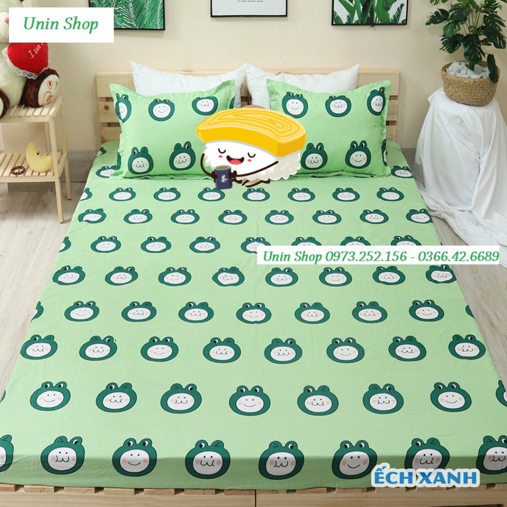 (Rẻ vô địch) Bộ 3 món ga kèm 2 áo gối m6/m8/2m2, drap bo chun bọc nệm mẫu Bò Sữa Xanh poly cotton