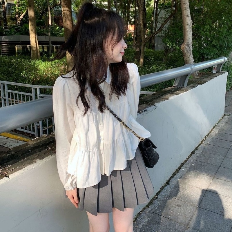 Áo Sơ Mi Cổ Búp Bê Màu Trắng Dễ Thương Phong Cách Nhật Bản