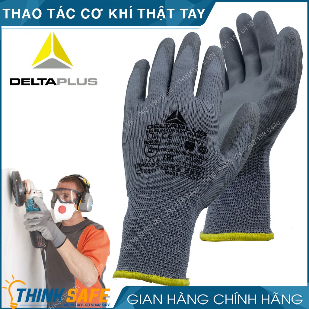 Găng tay lao động Deltaplus Thinksafe, bao tay phủ PU mềm ôm tay, dễ cầm nắm, chống dầu, sửa chữa, vận hành- VE702PG