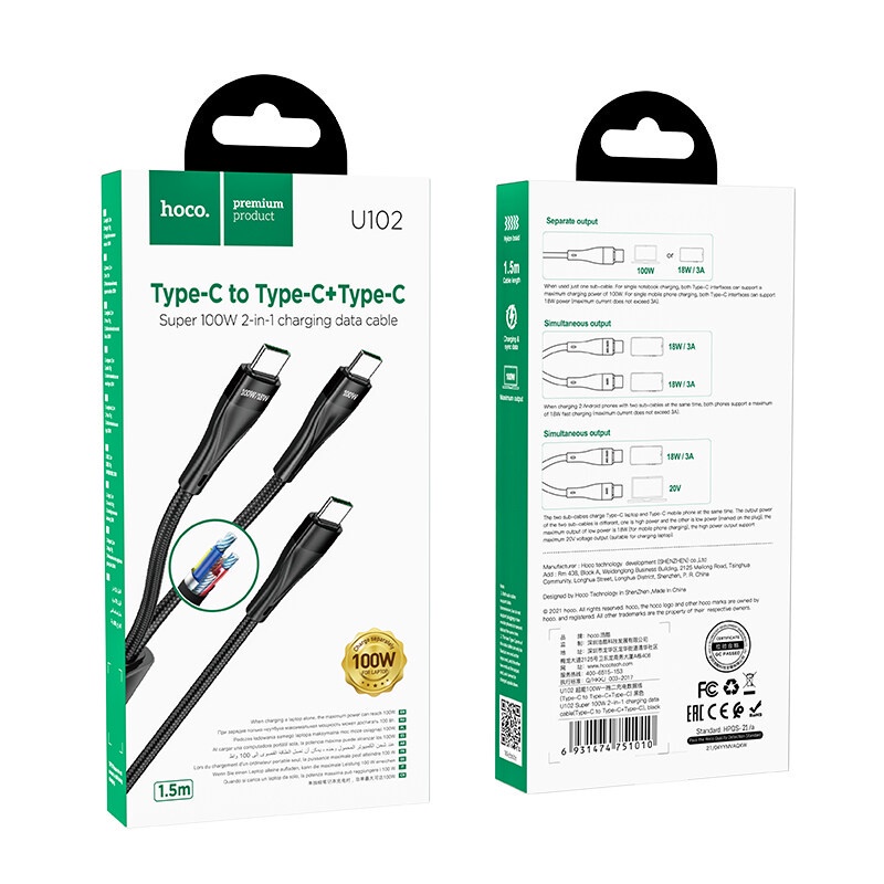 Dây Cáp Sạc Nhanh HOCO U102 PD 20W USB C Sang Type C 100W Cho Notebook android