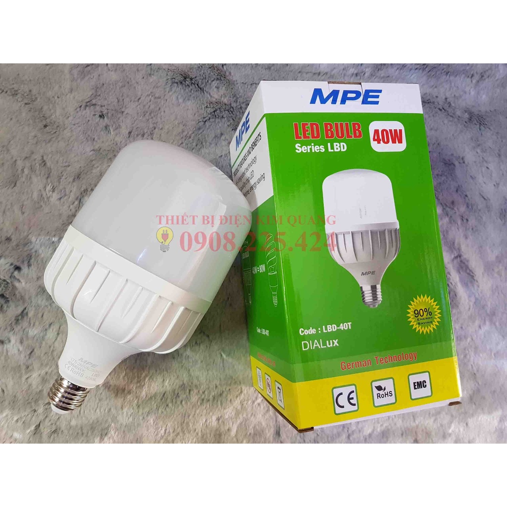 Bóng đèn LED BULB trụ tròn MPE- 20W/30W/40W/ 50W, TRẮNG/VÀNG Bảo hành 12 tháng