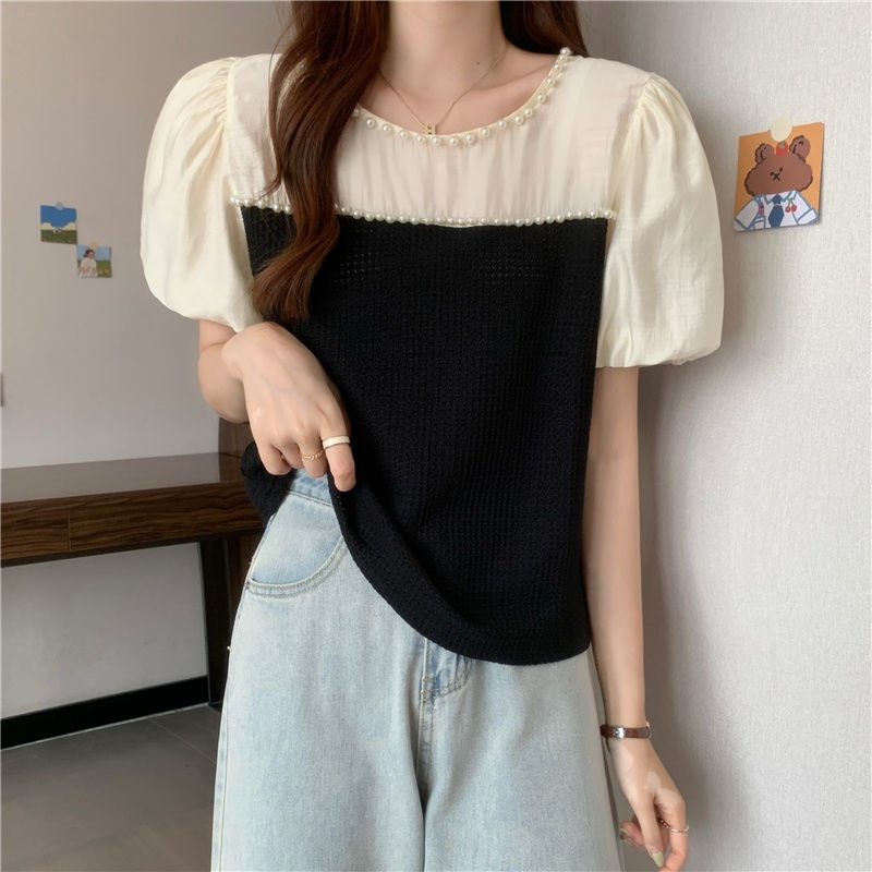 Áo Kiểu Tay Phồng Phối Lưới Đính Ngọc Trai Thiết Kế Mới Thời Trang Mùa Hè Cho Nữ