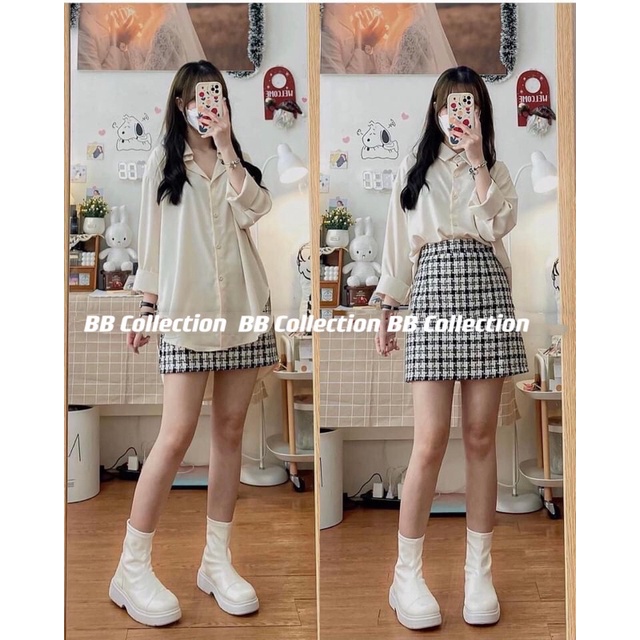 Áo sơmi lụa form rộng dáng suông basic Hàn Quốc