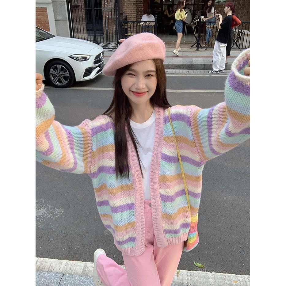Áo Khoác Cardigan Len Sọc Sắc Màu Cầu Vồng Tay Dài | Smide Clothing