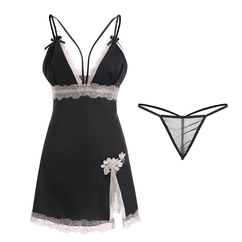 [ Tặng chíp] Đầm ngủ / Váy Ngủ lụa pha ren dây V xẻ đùi Cao Cấp 562