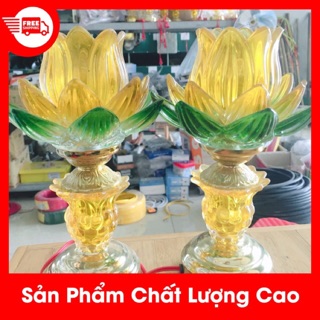 (Hàng Loại 1) ĐÈN THỜ THUỶ TINH HOA SEN 1 BÔNG 30CM (1 Đôi)