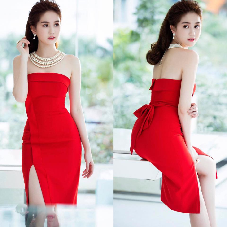 (Hình thật) - Đầm body cup đỏ bẻ xẻ tà