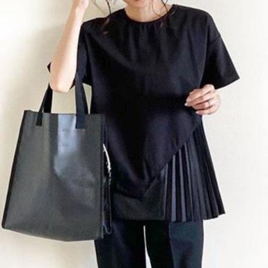 Japanese and Korean Style Ins Women's Blouse Pleated Stitching Loose Shirt Round Neck Spring and Summer Cotton Shirt Asymmetric Mid-length T-shirt